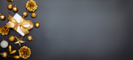 Merry Christmas and Happy New Year greeting card, frame, and banner. Holidays design. Noel and Feliz Navidad. Christmas gifts and decorations, top view. Flat lay.の写真素材