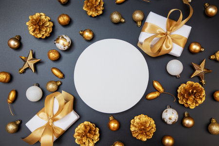 Merry Christmas and Happy New Year greeting card, frame, and banner. Holidays design. Noel and Feliz Navidad. Christmas gifts and decorations, top view. Flat lay.の写真素材