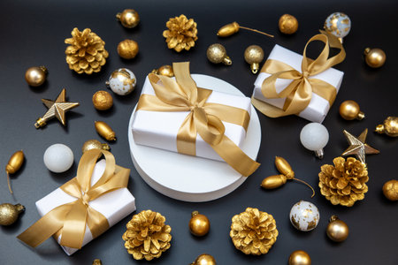 Merry Christmas and Happy New Year greeting card, frame, and banner. Holidays design. Noel and Feliz Navidad. Christmas gifts and decorations, top view. Flat lay.の写真素材