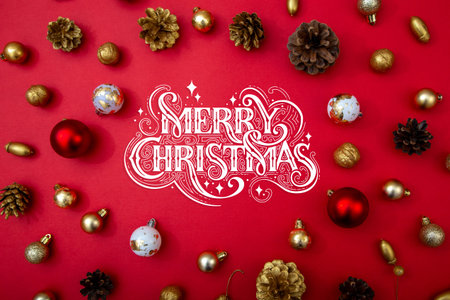 Merry Christmas and Happy New Year greeting card, frame, and banner. Holidays design. Noel and Feliz Navidad. Christmas gifts and decorations, top view. Flat lay.の写真素材