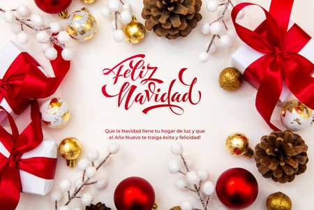 Feliz Navidad spanish Merry Christmas Modern calligraphy lettering on sticker for season greetings. Greeting card, frame, and banner.の写真素材