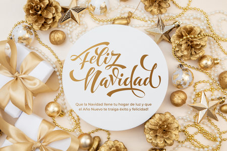 Feliz Navidad spanish Merry Christmas Modern calligraphy lettering on sticker for season greetings. Greeting card, frame, and banner.の写真素材