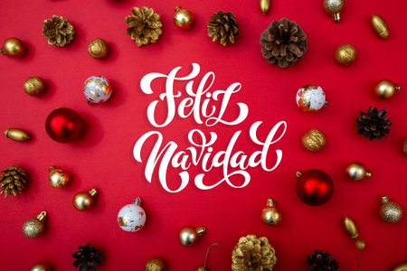 Feliz Navidad spanish Merry Christmas Modern calligraphy lettering on sticker for season greetings. Greeting card, frame, and banner.の写真素材