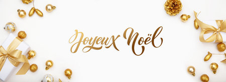 Joyeux noel and Bonee Annee. French Merry Christmas Modern calligraphy lettering on sticker for season greetings. Greeting card, frame, and banner.の写真素材