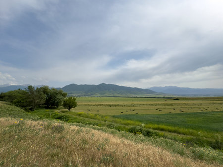 Scenic summer landscape of Kyrgyzstan with wide green field, hay bales, mountain range on the...