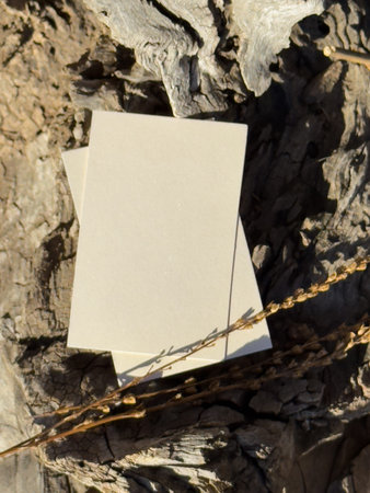 Two blank business cards placed on aged wooden surface. Warm sunlight creates natural atmospheric mockup for branding presentation.の写真素材