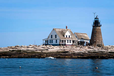 Mount Desert Rock lighthouse, is one of the remote rocky island lighthouses in Maine.の写真素材