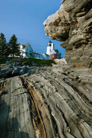 Unique geological rock formations lead to Pemaquid Point lighthouse in Maine. It is one of the most popular attractions for tourists.の写真素材
