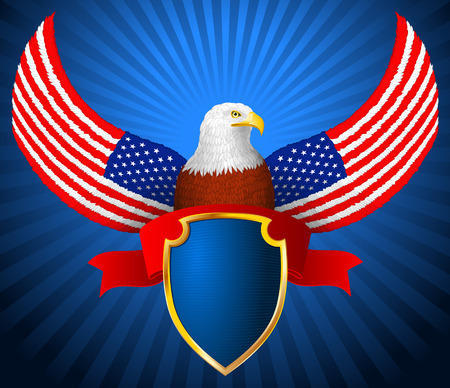Bald eagle with shield and ribbon with wings in the form of flag of Americaのイラスト素材