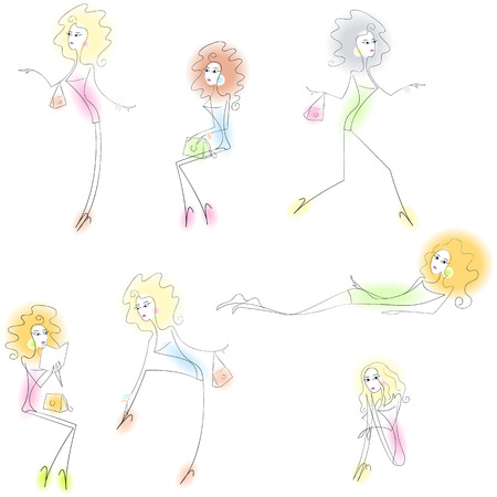 Seven women in different poses, drawn a thin line; Eps8のイラスト素材