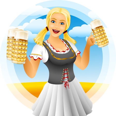 The girl waitress holds glasses with beer on a traditional German holiday of Oktoberfestのイラスト素材