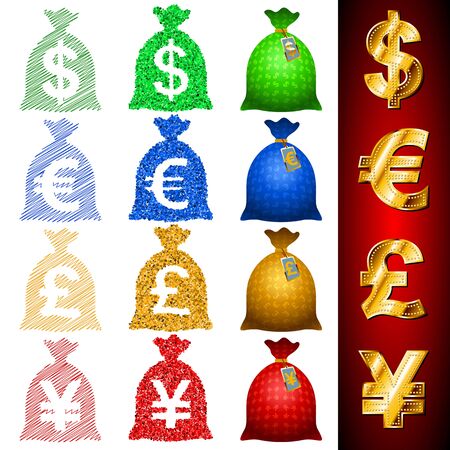 Vector icons of currency money bags, sacks, Sign of USD, EUR, GBP, JPYのイラスト素材
