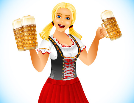Oktoberfest Girl holds glasses of beer; Waitress in traditional German clothes; Blonde smiling; No Meshのイラスト素材