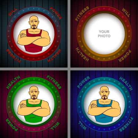Athlete in the photo frame with the words of Will, Power, Fitness, Health; Vector set backgroundsのイラスト素材