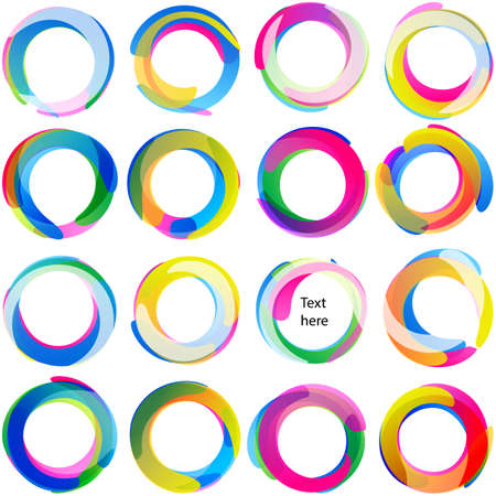 Colored overlapping circles; Arcs rounded multicolored banners, Swirled circular medals and labels; Vector icons setのイラスト素材