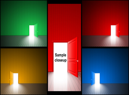 Open door with light; The concept of choice variant, finding solutions, successful goal, fateful chance; Vector background set Eps10のイラスト素材