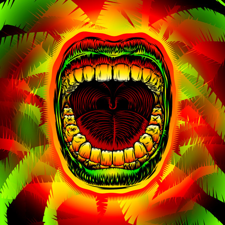 Open mouth with teeth on psychedelic jungle leaves; Screaming shouting singing yawning mouth of person; Jaw drop; Design from ink hand drawing style; Vector background Eps10のイラスト素材