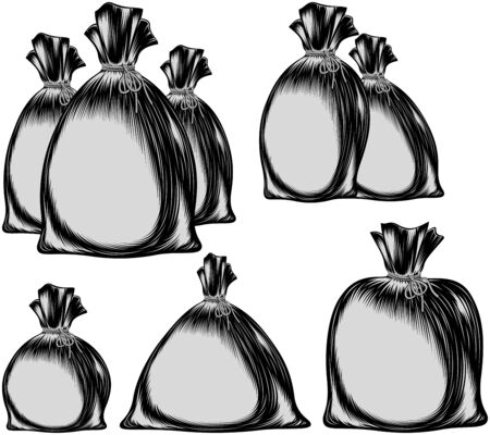 Sack of different sizes and shapes; A filled bag tied with a rope; Vector set of sacs in ink vintage hand drawing style; Copy space for text or logo on burlapのイラスト素材
