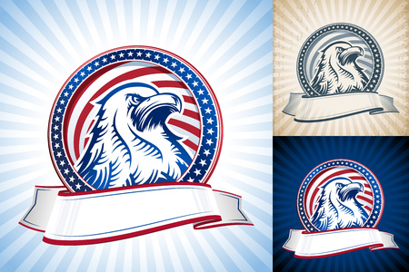 American eagle with flag of USA in round shape and ribbon. The Symbol of Independence Day. Vector set of illustrations of bald eagle in color and in retro hand drawing style on vintage backgroundのイラスト素材