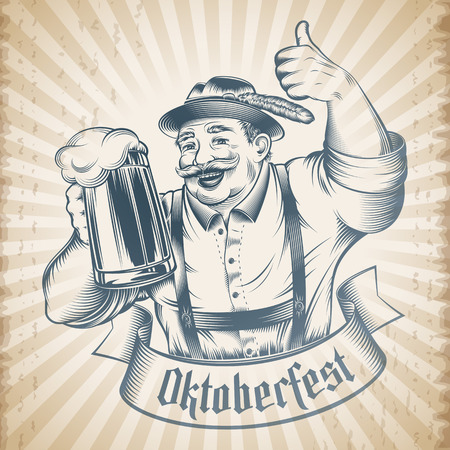 Man holding beer glass with lager on Oktoberfest. Traditional German Bavarian clothes, hat, pants, straps. The thumbs-up gesture. Vector print from retro hand drawing ink tattoo on vintage backgroundのイラスト素材