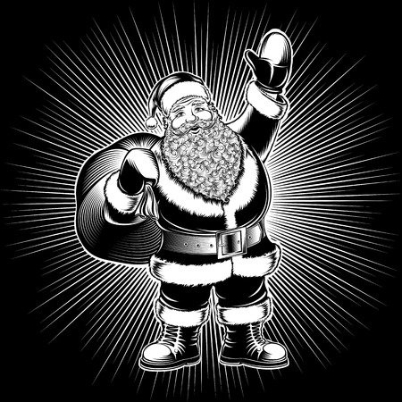 Santa Claus cartoon character is carrying a full sack with presents and show a salutatory hand gesture. Vector pop art hand drawing illustration in ink stamping print retro vintage style. Black colorのイラスト素材