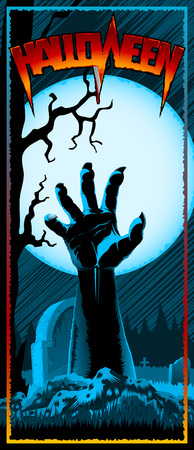 Hand of zombie raised up from grave on background with full Moon. Template design of invitation card, leaflet, banner, flyer for Halloween holiday from vector graphic illustration. Size 3.66x8.5 inchのイラスト素材