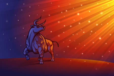 Bull on radiant beams background. Shiny glitter particles in rays divine Light. Ox is zodiac sign of New Year 2021. Template design with copy space. Hard edge, heavy contour line. Vector illustrationのイラスト素材
