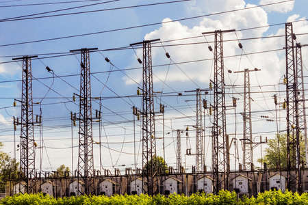 Power transmission towers at the substation railwayの写真素材