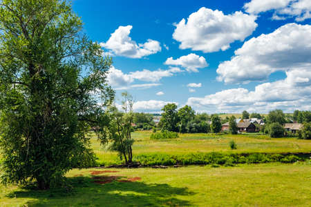 View of the rural landscape and the river a sunny summer dayの写真素材