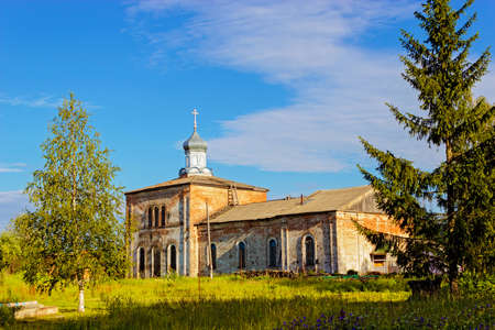 Small brick orthodox church in Russia summer dayの写真素材