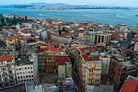 Top view from the Galata Tower on the ancient quarters of Istanbul in the eveningの写真素材