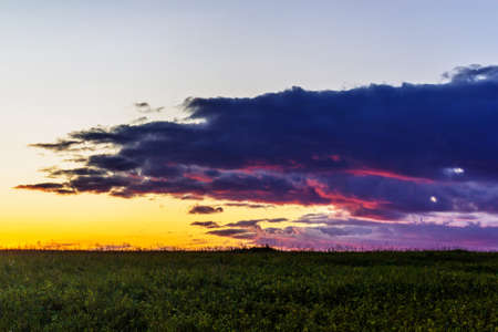 A huge cloud in the sky over a field at sunset on a summer evening