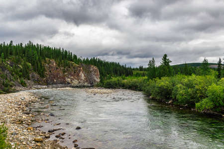 A clear northern river flowing among the rocks in a forest area on a summer day