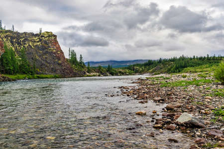 A clear northern river flowing among the rocks in a forest area on a summer dayの写真素材
