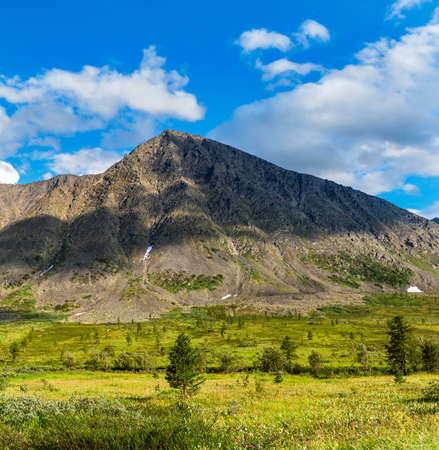 Landscape with a mountain valley and rocky mountains in the Sub polar Urals on a summer dayの写真素材
