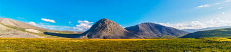 Tundra and mountains in the Subpolar Urals on a summer day