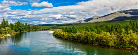 Beautiful north river in a forest area in the Subpolar Urals on a summer day