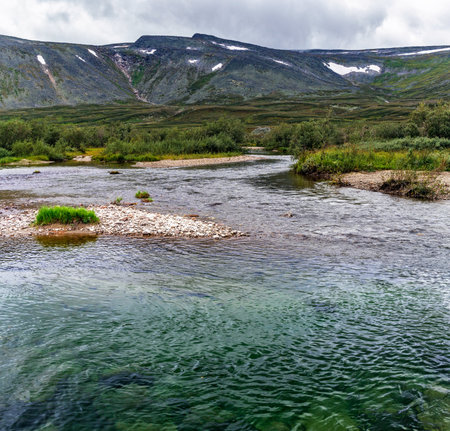 Stream and mountain range in the Subpolar Urals on a rainy summer dayの写真素材
