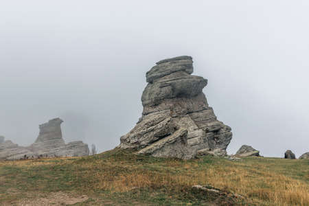 Gray rocky outliers at the top of the mountain in fog on an autumn dayの写真素材