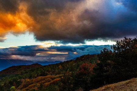 View from the mountains at sunset over the hills in Crimea on an autumn evening
