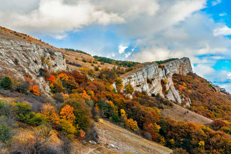 Landscape with mountains and forests of Crimea on an autumn dayの写真素材