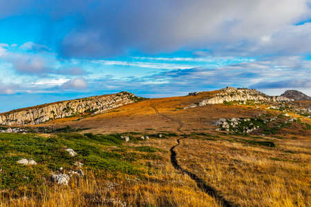 Crimean landscape from the top of the Chatyr-Dag plateau in an autumn dayの写真素材