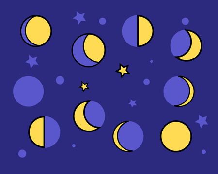 Yellow moon phases on a dark blue background. Vector Illustrationのイラスト素材