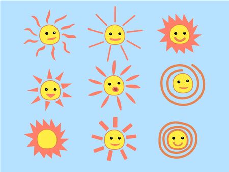 Set of Summer Sun Face with Happy Smile. Vector Illustrationのイラスト素材