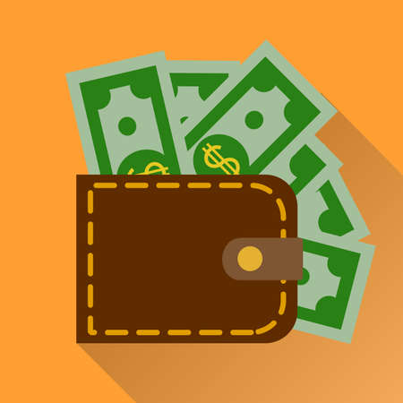 Flat wallet with cash. Vector illustration, icon with long shadow. Modern designのイラスト素材