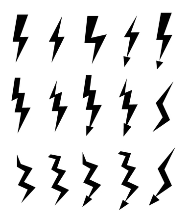 Set of icons representing lightning bolt, lightning strike or thunderstorm. Suitable for voltage, electricity and power signs. Vector Illustrationのイラスト素材