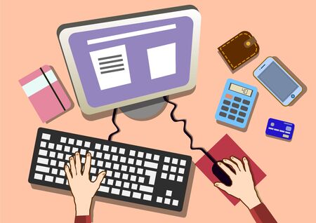 Flat design work desk with hands.のイラスト素材