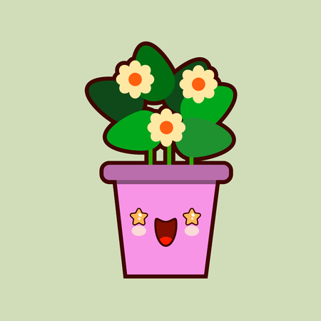 cute cartoon flower icon with funny face in pot kawaii plant character . Flat design Vector Illustrationのイラスト素材