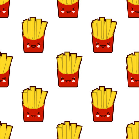 French fries, seamless pattern with cute fast food kawaii charactersのイラスト素材