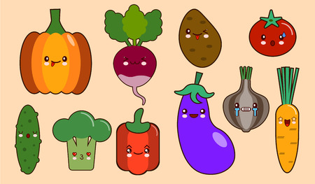 set of vegetables smiley face kawaii characters. pepper, tomato, garlic, onion, chili, potato, cucumber Flat design Vector Illustrationのイラスト素材